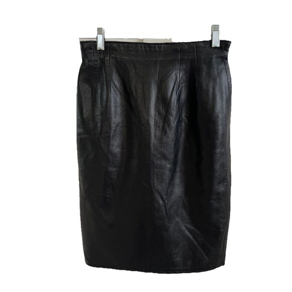 EUC Vintage Vakko Leather Straight Pencil Skirt High Waist Black Sz 8 Fits US 4 - Picture 1 of 13